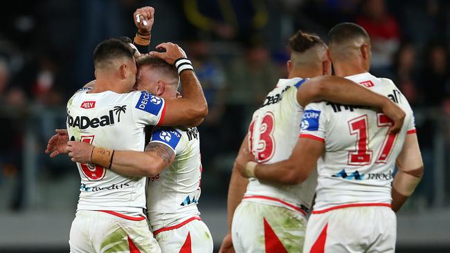 Dragons celebrate their fourth win of the season after defeating Parramatta. Picture: Matt Blyth/Getty Images