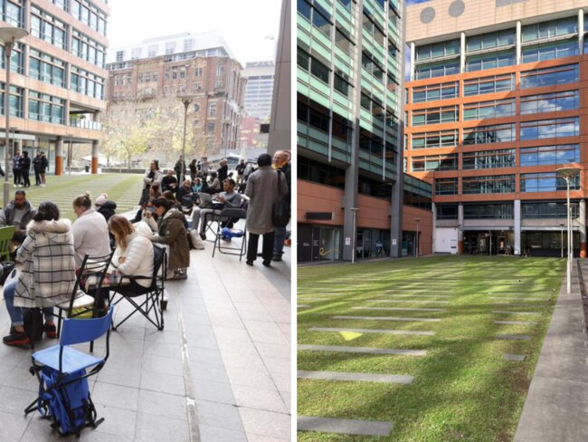 Before and after images of queues in outside the Sydney passport office.