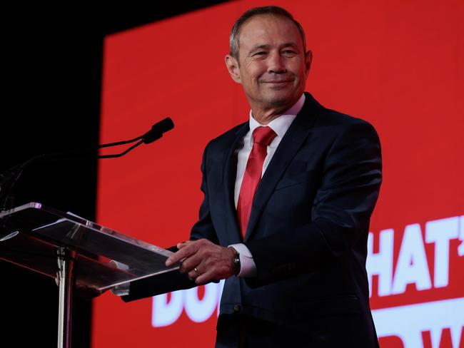 Labor’s Roger Cook celebrates winning the Western Australian state election despite the ALP’s primary vote dropping by 18 per cent. Picture: AAP