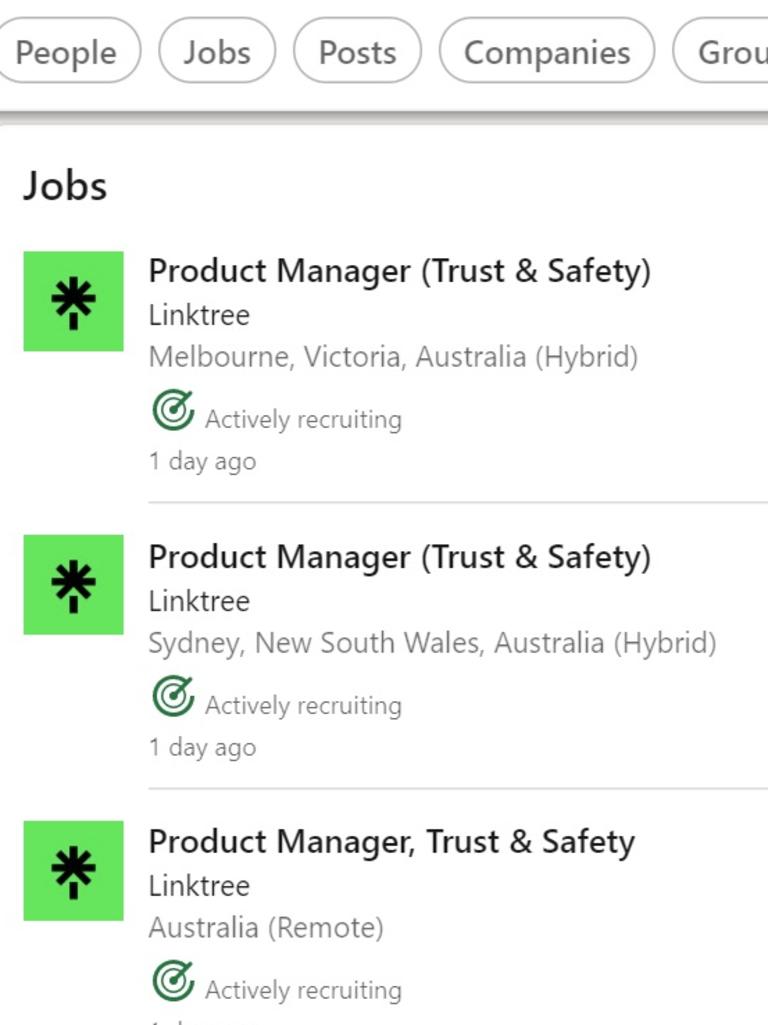 Advertised Linktree jobs on LinkedIn. Picture: LinkedIn