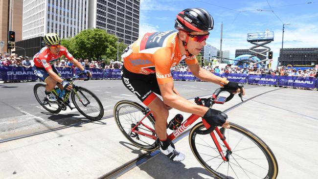 Richie Porte leads Caleb Ewan during a Tour Down Under stage. Picture: AAP