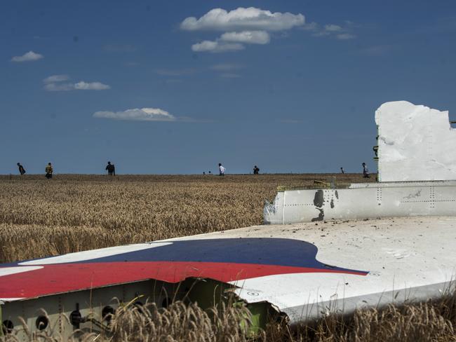 A piece of the crashed Malaysia Airlines Flight 17 lies in the grass near the village of Hrabove, eastern Ukraine, Sunday, July 20, 2014. Pic: AP Evgeniy Maloletka.