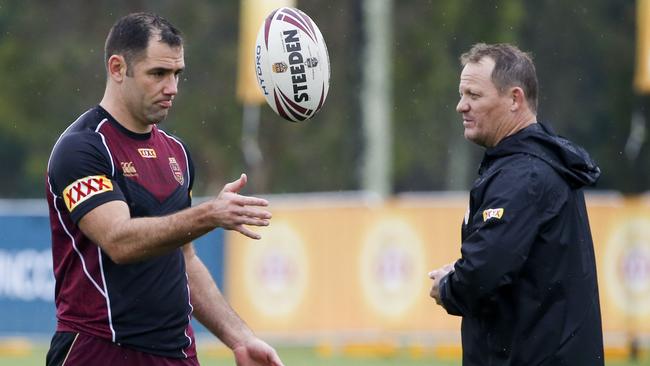 Maroons captain Cameron Smith (left) and coach Kevin Walters during the Queensland State of Origin team training session.