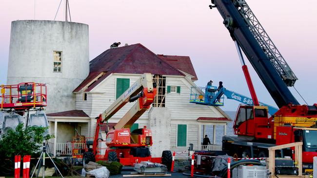 Crew prepare the Aquaman movie set at Hastings Point for last night’s shoot. Picture: Mike Batterham