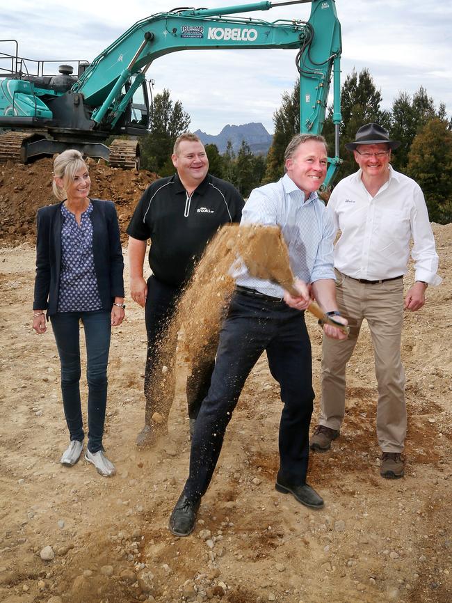 Premier Will Hodgman turns the first sod on the Gateway Precinct with Environment and Parks Minister Elise Archer and MPs Adam Brooks and Roger Jaensch. Picture: CHRIS KIDD