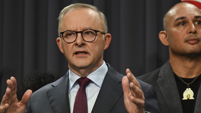 Anthony Albanese announces the wording for the question on the Indigenous voice to parliament. Picture: NCA NewsWire / Martin Ollman