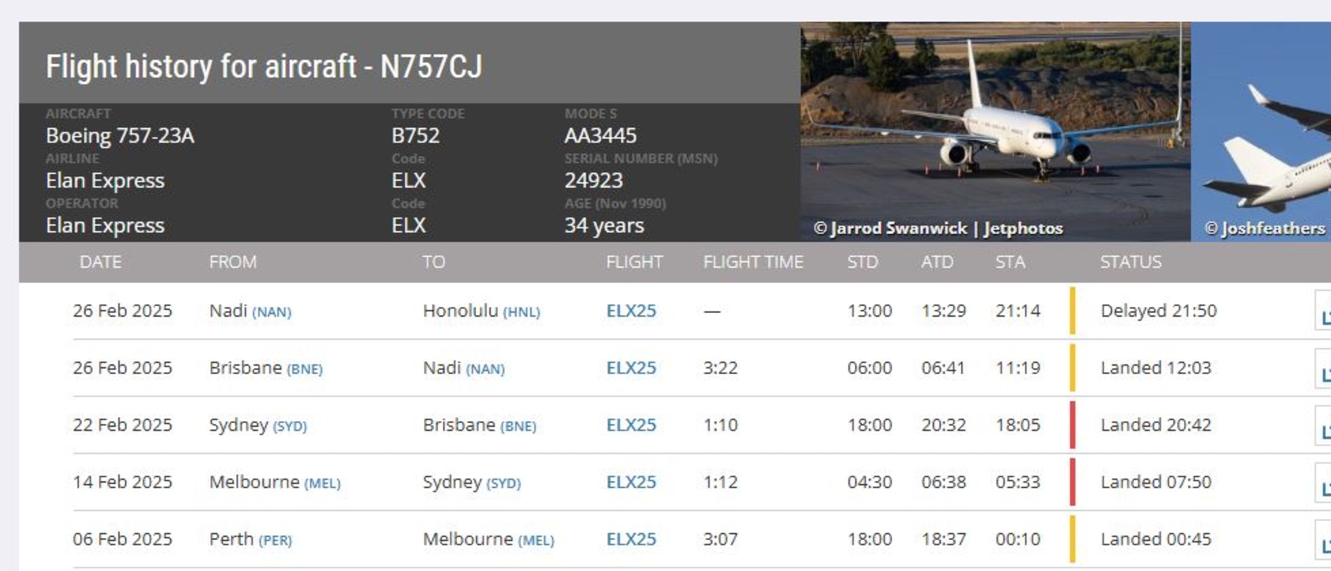 Recent flight logs from Drake's Boeing 757 plane showing him leaving Brisbane for Fiji on February 26. Photo: Flightradar.