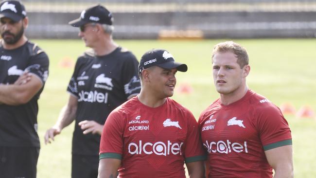 Latrell Mitchell turns out for his first Rabbitohs training session, watched on by Greg Inglis and Wayne Bennett. Picture: Dylan Robinson