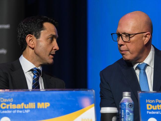 Federal Opposition Leader Peter Dutton (right) and Queensland Opposition Leader David Crisafulli during the LNP Convention in Brisbane. Picture: Dan Peled / NewsWire