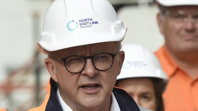 MELBOURNE, AUSTRALIA - NewsWire Photos May 09, 2024: Prime Minister Anthony Albanese speaks to the media while on a visit to the North East Link construction site at Watsonia. Picture: NCA NewsWire / Andrew Henshaw