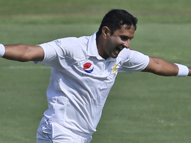 Pakistan's Mohammad Abbas celebrates dismissing Australia's Shaun Marsh during their Test match in Abu Dhabi, United Arab Emirates, Wednesday, Oct. 17, 2018. (AP Photo/Kamran Jebreili)