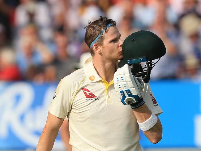 Australia's Steve Smith celebrates his century on the opening day of the first Ashes cricket Test match between England and Australia at Edgbaston in Birmingham, central England on August 1, 2019. (Photo by Lindsey Parnaby / AFP) / RESTRICTED TO EDITORIAL USE. NO ASSOCIATION WITH DIRECT COMPETITOR OF SPONSOR, PARTNER, OR SUPPLIER OF THE ECB