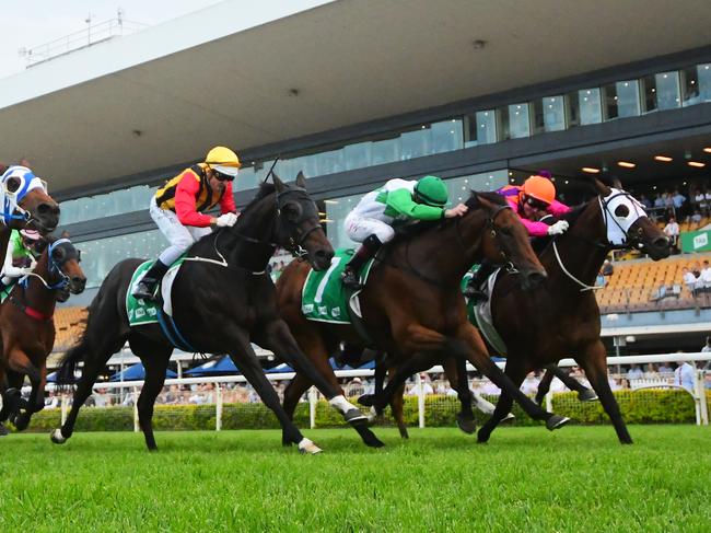 Chapter And Verse (right) wins the George Moore Stakes at Doomben. Picture: Trackside Photography