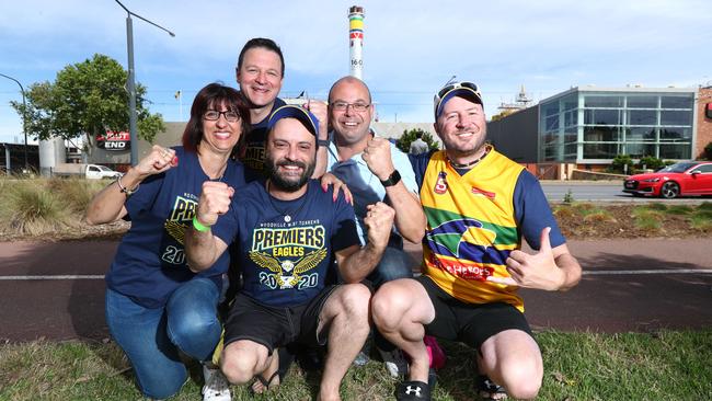 Eagles fans Mim Loprete, Dave Fachin, Anthony Marafioti, Kym Sellers and Paul Hower at last year’s chimney unveiling at the West End Brewery. Pic: Tait Schmaal.