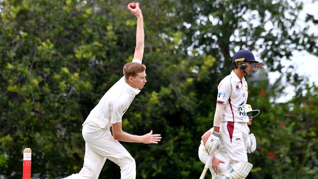 Wests bowler Darcy Murphy Cricket action between Toombul and Wests. Saturday December 17, 2022. Picture: John Gass