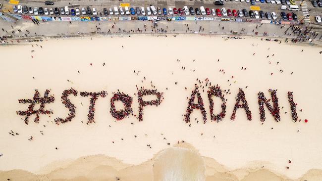 Protesters on Bondi Beach on October 7 as part of the Stop Adani National Day of Action. Photo supplied by Stop Adani