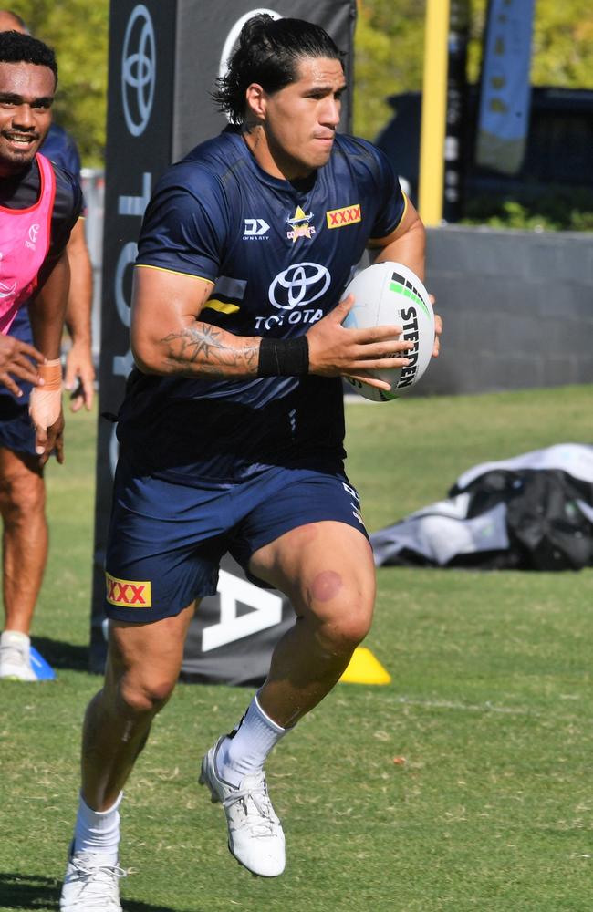 Emry Pere during the North Queensland Cowboys pre-season training at Hutchinson Builders Centre in Townsville. Picture: Matthew Elkerton