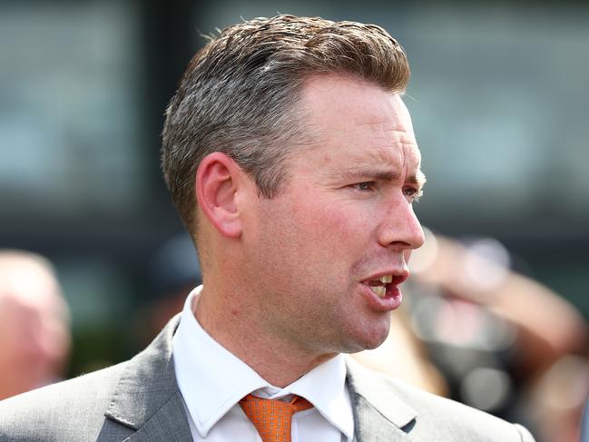 SYDNEY, AUSTRALIA - MARCH 23: Trainer Adrian Bott celebrates after Tim Clark riding Osmose wins Race 3 Bisley Workwear Epona Stakes during the Golden Slipper Day - Sydney Racing at Rosehill Gardens on March 23, 2024 in Sydney, Australia. (Photo by Jeremy Ng/Getty Images)