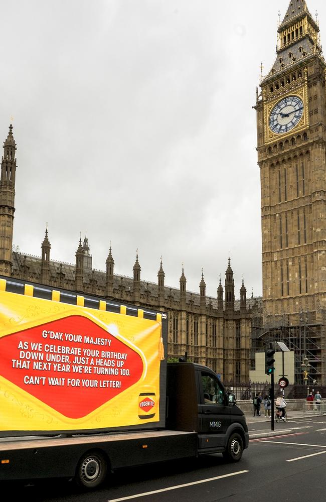 Vegemite billboards have been seen around iconic London landmarks spruiking a message to the Queen, in the hopes she will write a 100th birthday letter to the brand. Picture: Supplied