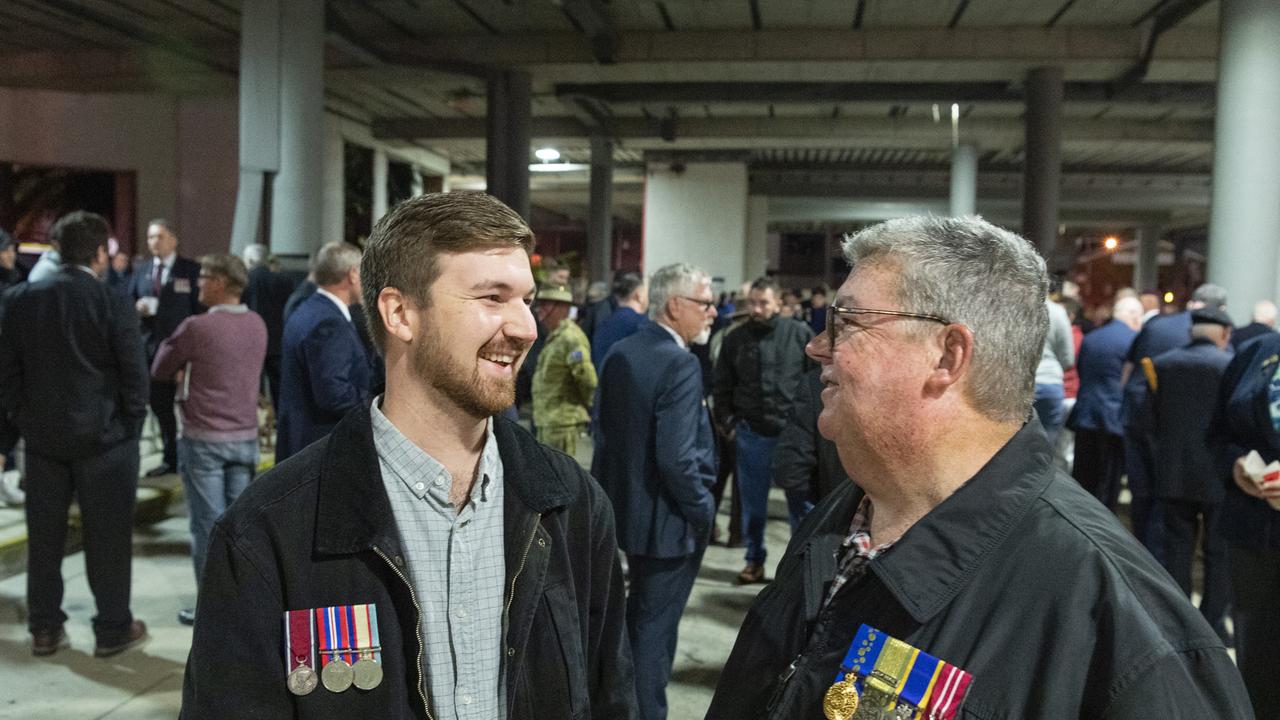 Damien Tuffield and his father Derek Tuffield are ready to march to the Anzac Day Toowoomba Dawn Service, Tuesday, April 25, 2023. Picture: Kevin Farmer