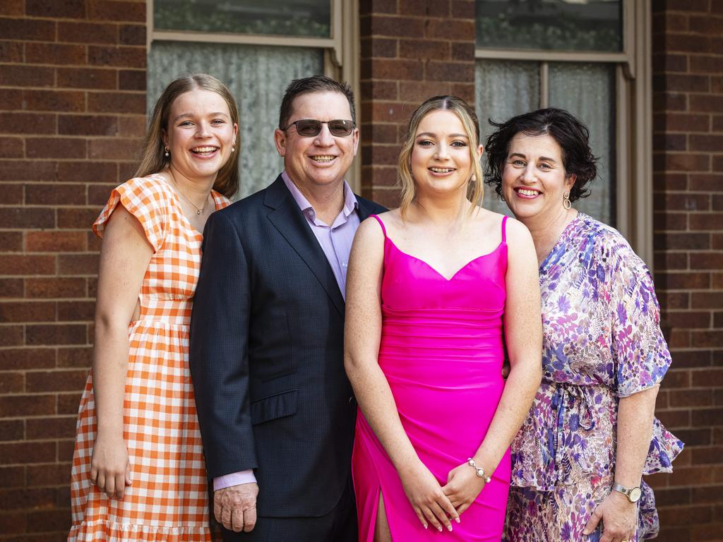 Graduate Claire Matthewson with parents Michael and Leanne and sister Lilah Matthewson as Downlands College year 12 students come together for their valedictory mass at the college, Saturday, November 16, 2024. Picture: Kevin Farmer