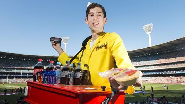 MCG vendor Damian Paterno and his pie box. Picture: Eugene Hyland