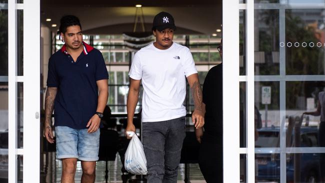 Maea Tongamoa (white shirt) leaves Darwin's Supreme court after being released on bail.