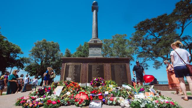 Floral tributes on the cenotaph after the 80th anniversary of the Bombing of Darwin at Darwins Esplanade. Picture: Glenn Campbell