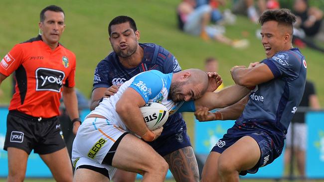 Keegan Hipgrave runs the ball for the Gold Coast Titans in their NRL pre-season trial against the New Zealand Warriors at Sunshine Coast Stadium on February 24, 2018. Picture: Patrick Woods