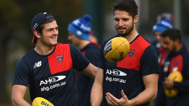Angus Brayshaw and Jesse Hogan at Melbourne training.
