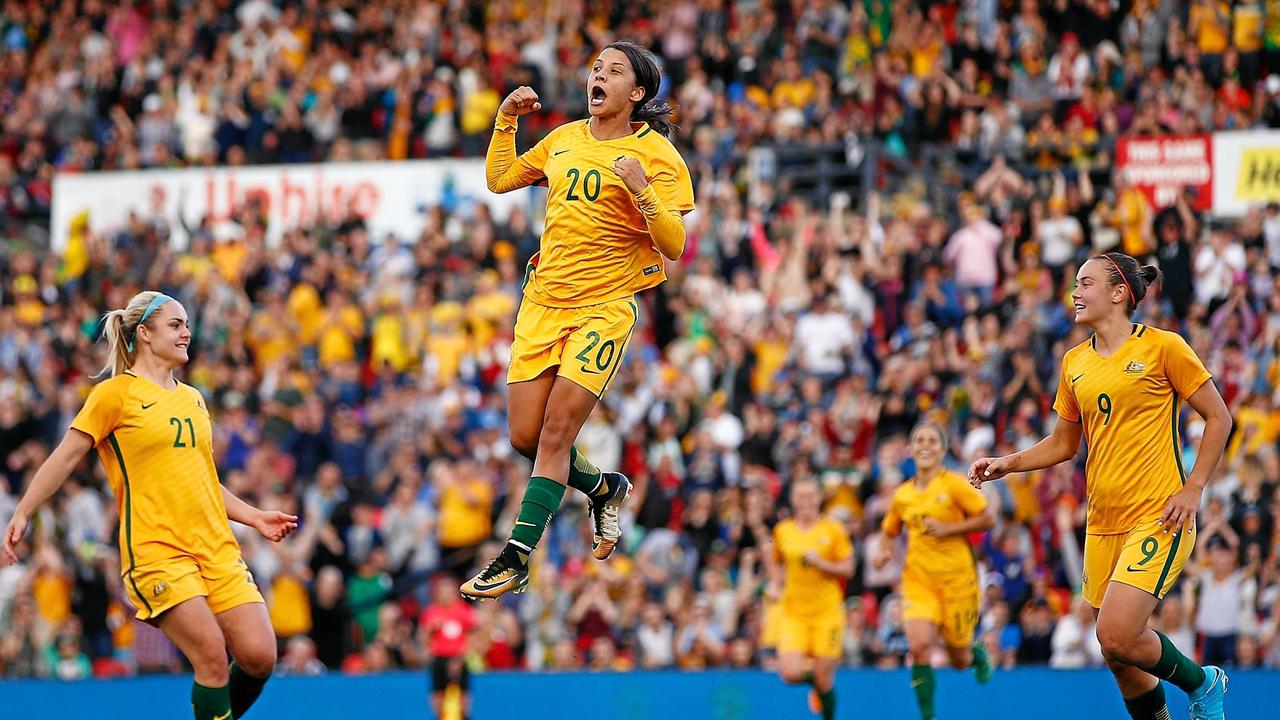 Samantha Kerr celebrates after scoring Australia's second goal during the women's international match between the Matildas and Brazil at Pepper Stadium in 2017.