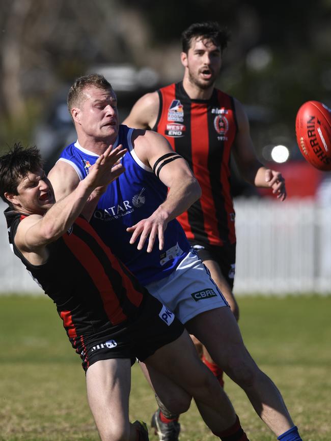 St Peter’s Old Collegians’ Jock McLeay and Rostrevor Old Collegians’ Sam Jonas were selected in the 2020 Adelaide Footy League division one Team of the Year. Picture: Naomi Jellicoe