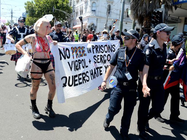 An anti-police group clashes with police at St Kilda’s Midsumma Pride Parade in St Kilda in late February. Picture: Andrew Henshaw