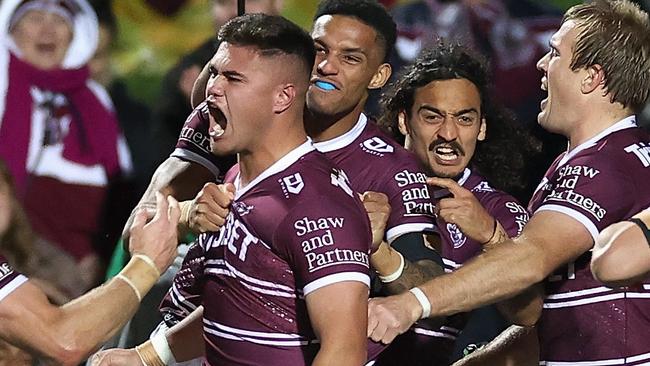 Josh Schuster of the Sea Eagles celebrates scoring a try during the round 13 NRL match between the Manly Sea Eagles and the New Zealand Warriors at 4 Pines Park, on June 04, 2022, in Sydney, Australia. (Photo by Cameron Spencer/Getty Images)