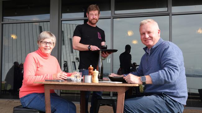 Premier Jeremy Rockliff (right) with his mother Geraldine Rockliff, and Drift manager Dane Layton, following the announcement of the Eat Local, Stay Local voucher scheme. Picture: Supplied