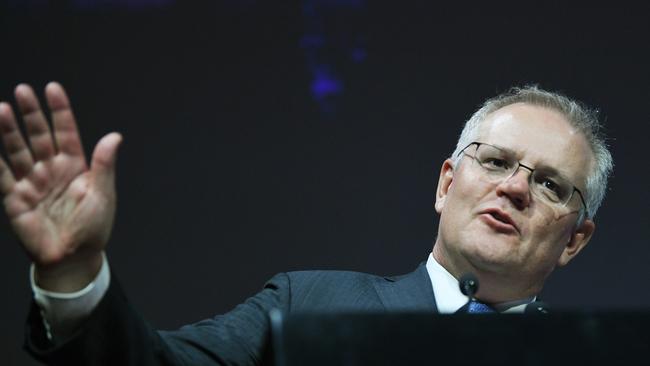 Prime Minister Scott Morrison addresses the Liberal Party South Australian state council meeting in Adelaide on Saturday. Picture: NCA NewsWire/David Mariuz