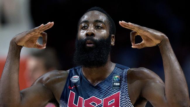 MADRID, SPAIN - SEPTEMBER 14: James Harden of the USA celebrates scoring during the 2014 FIBA World Basketball Championship final match between USA and Serbia at Palacio de los Deportes on September 14, 2014 in Madrid, Spain. (Photo by Gonzalo Arroyo Moreno/Getty Images)