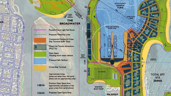 The Breakwater Group’s cruise ship terminal and superyachts berths and land development plan for The Spit, linking to Wavebreak Island via underwater tunnel and then with a new bridge across the Broadwater to Brisbane Road, Labrador.