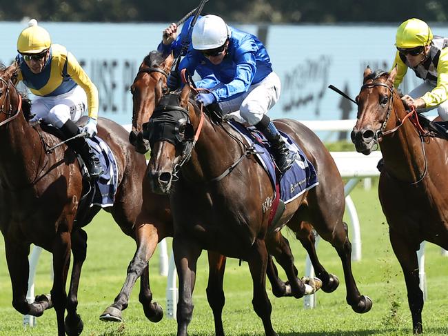 SYDNEY, AUSTRALIA - FEBRUARY 15: Kerrin McEvoy riding Inhibitions win Race 6 Robrick Lodge Triscay Stakes during Sydney Racing at Royal Randwick Racecourse on February 15, 2025 in Sydney, Australia. (Photo by Jeremy Ng/Getty Images)