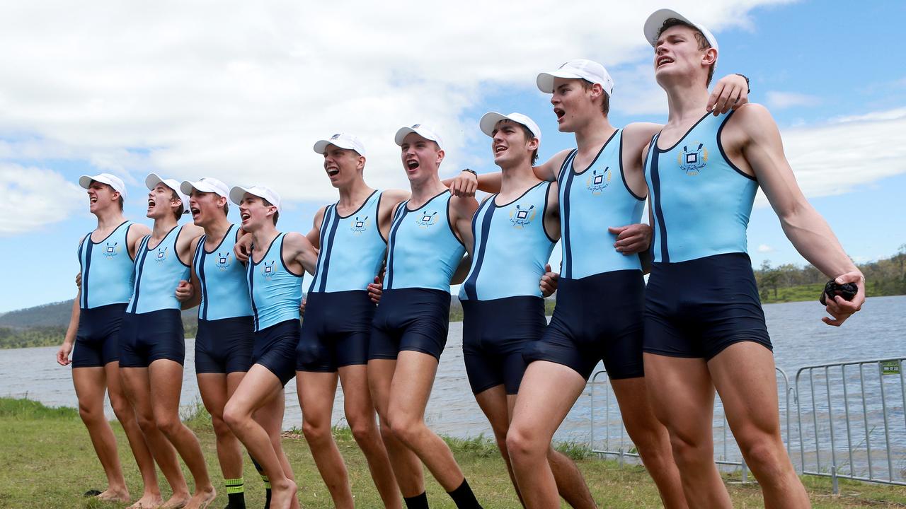 Brisbane Grammar School open eight division 1 team celebrate their win at the GPS Head of the River, Lake Wyaralong. Picture: Sarah Marshall/AAP