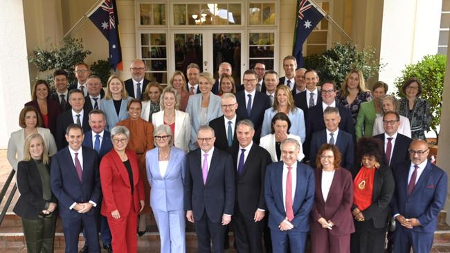 CANBERRA, AUSTRALIA- NewsWire Photos- MAY 13, 2025. The Australian Labor Party with Prime Minister Anthony Albanese stand on the steps of Government House after been sworn in by The Governor-General, Her Excellency the Honourable Sam Mostyn. Picture: Martin Ollman/ NewsWire
