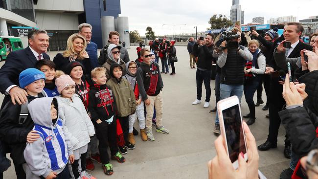 Fans surround The Footy Show’s hosts after Eddie McGuire announced his return. Picture: Alex Coppel.