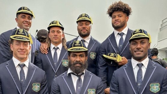 Wallabies players with Fijian heritage (L-R) Mark Nawaqanitawase, Langi Gleeson, Issak Fines-Leleiwasa, Marika Koroibete, Samu Kerevi, Rob Valetini, Suliasi Vunivalu. Picture: INSTAGRAM