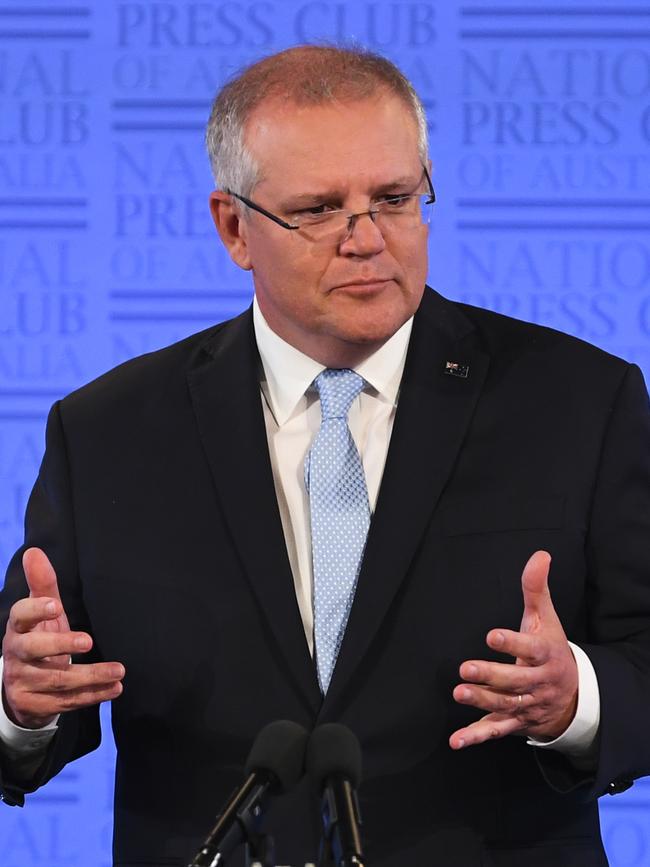 Australian Prime Minister Scott Morrison addresses the National Press Club in Canberra yesterday. Picture: AAP