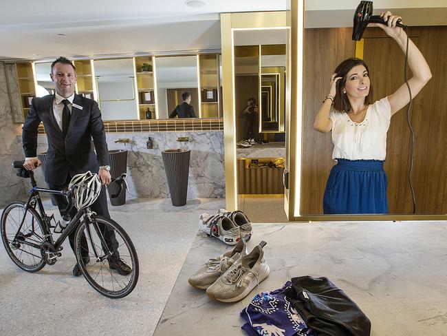 Nathan Penny and Sam Tallent enjoy the changerooms at 101 Collins St. Picture: Ian Currie