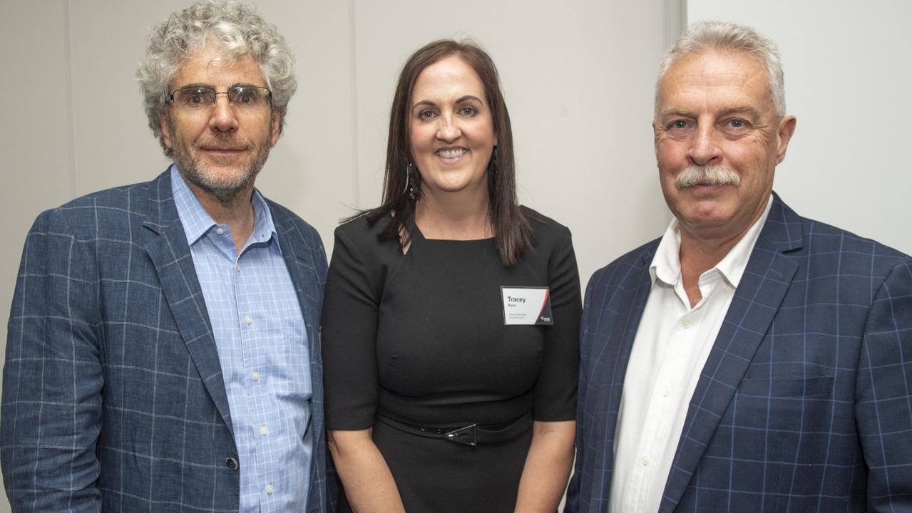 Enjoying the Shine Lawyers 45 year celebratory lunch are (from left) Stephen Roche, Tracey Ryan and Grant Zeller who collectively have 95 years with the Toowoomba born firm. Picture: Nev Madsen.