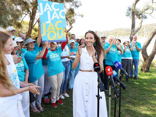 20/10/24: Independent Jacqui Scruby speaks to the press with her volunteers at Bayview Scout Hall following very promising results in the Pittwater By-Election yesterday. John Feder/The Australian