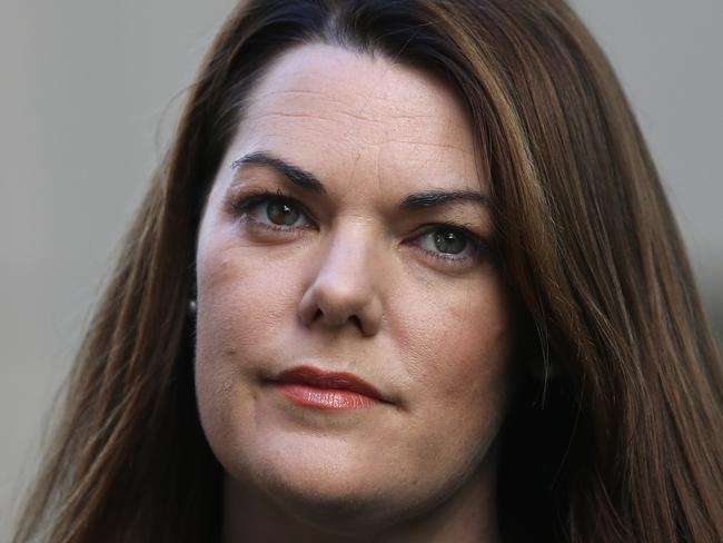 Senator Sarah Hanson-Young speaking at a press conference, Parliament House in Canberra.