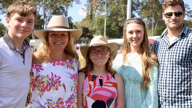 Maverick Rodgers, Sabine Rodgers, Bergen Rodgers, Zoe Rodgers and Reino Fourie at the Noosa Polo and Provedores on October 14, 2023.