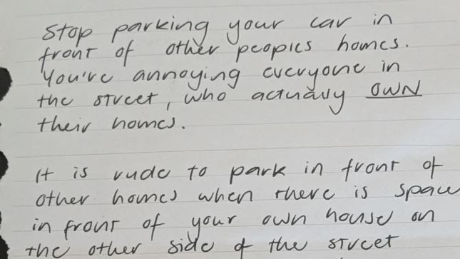 The note left on a renter's car by a homeowner in Toowoomba.